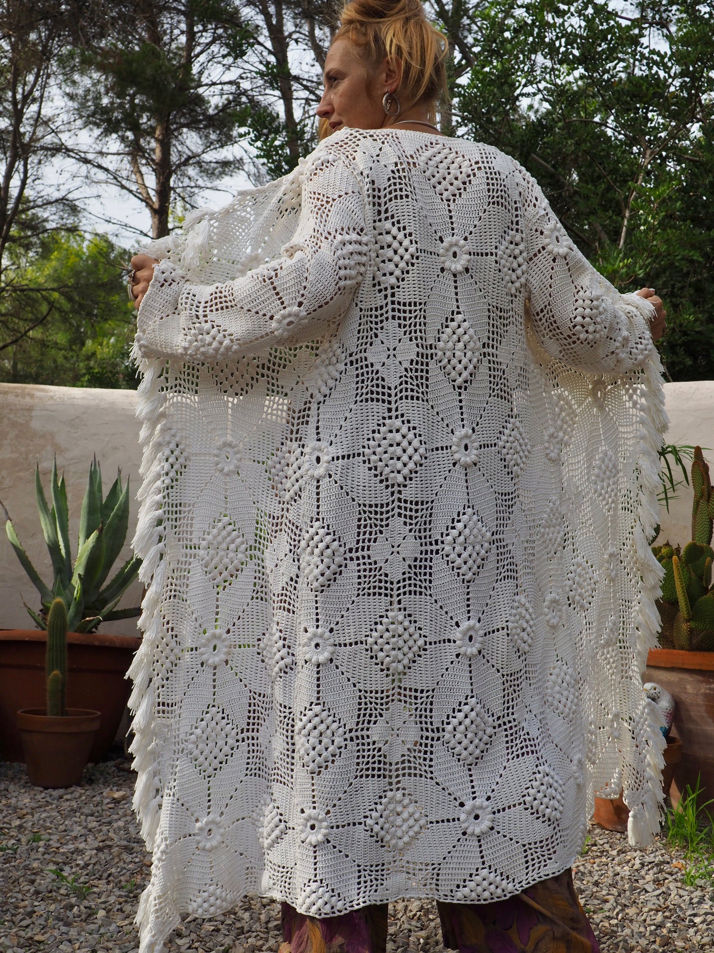 White long vintage handmade crochet jacket up-cycled by Vagabond Ibiza