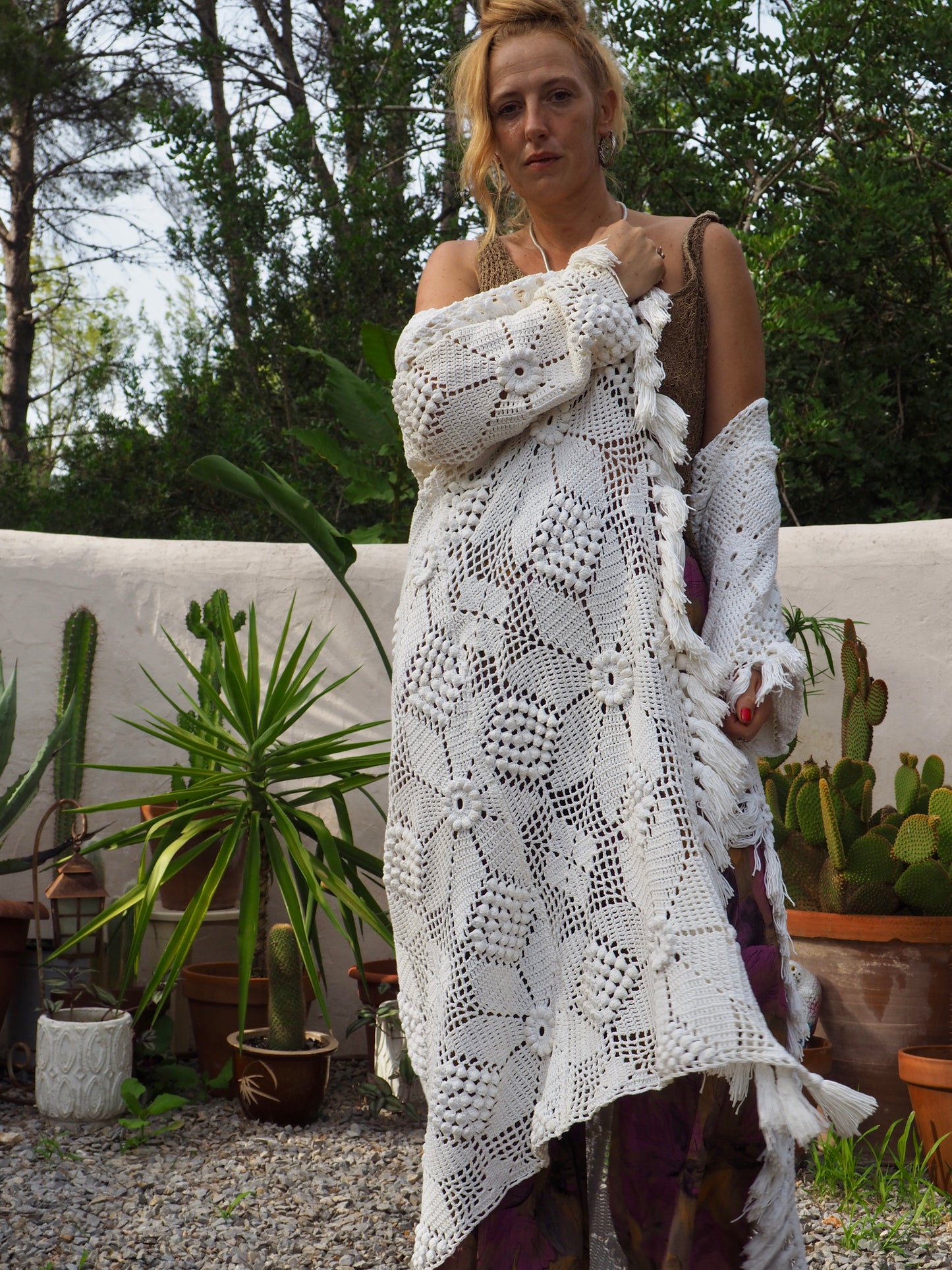 White long vintage handmade crochet jacket up-cycled by Vagabond Ibiza