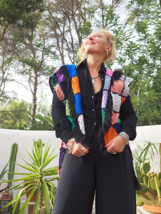 Vintage rainbow granny square up-cycled waistcoat by Vagabond Ibiza