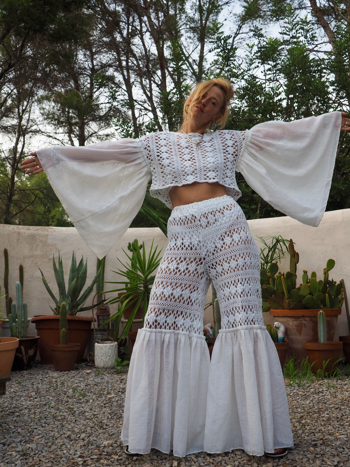 White crochet up-cycled 2 piece set wide leg pants with elastic waist and top up-cycled by Vagabond Ibiza from
