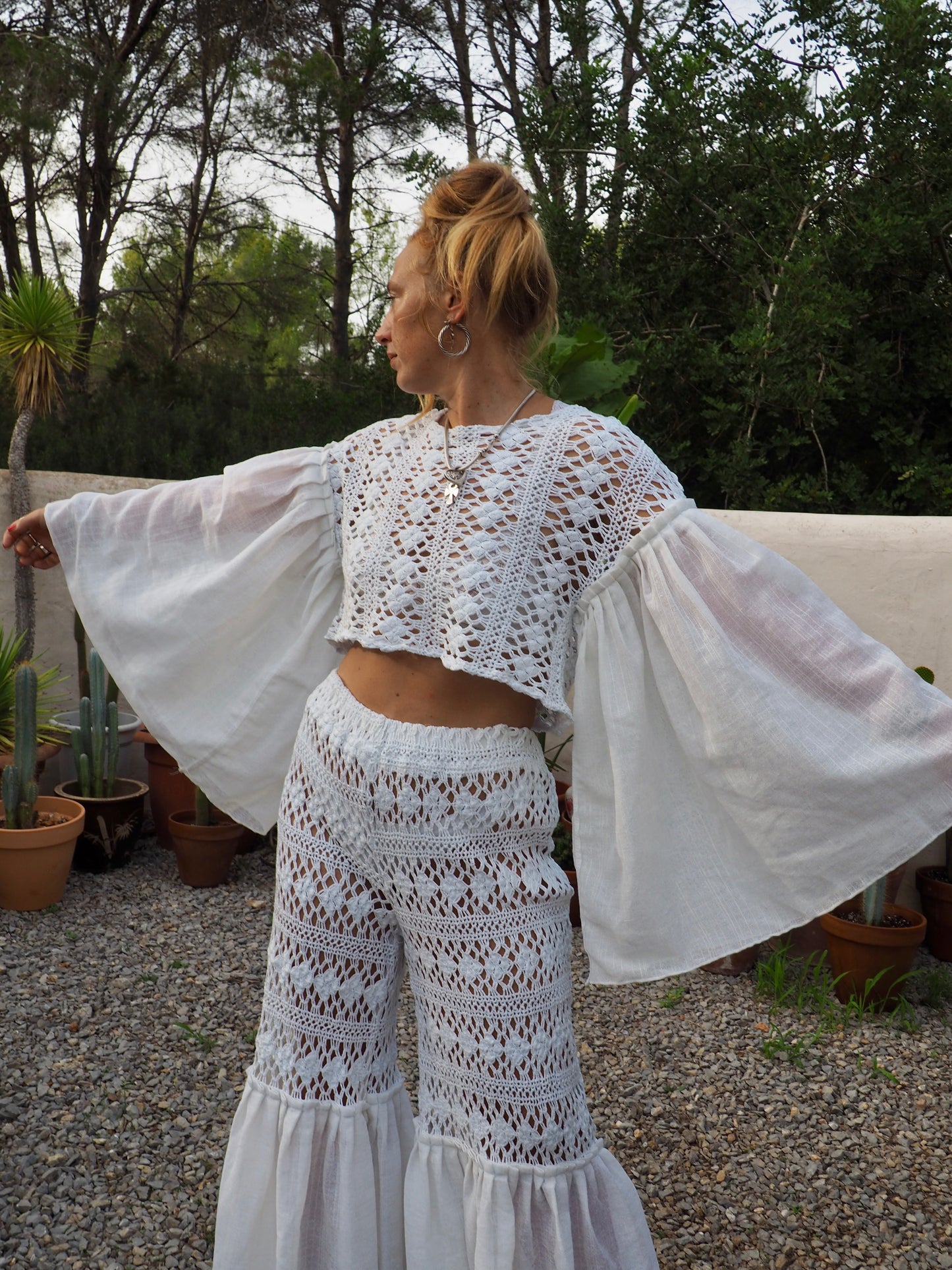 White crochet up-cycled 2 piece set wide leg pants with elastic waist and top up-cycled by Vagabond Ibiza from