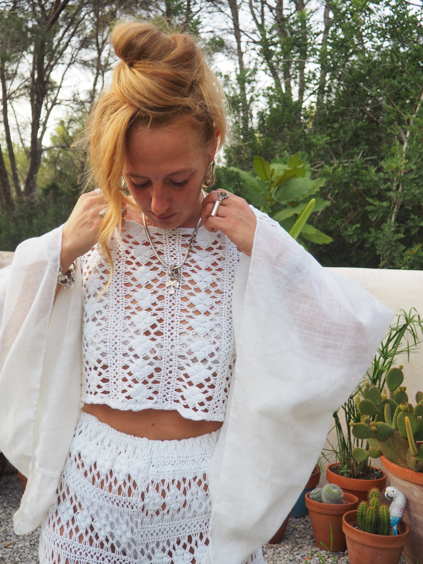 White crochet up-cycled 2 piece set wide leg pants with elastic waist and top up-cycled by Vagabond Ibiza from