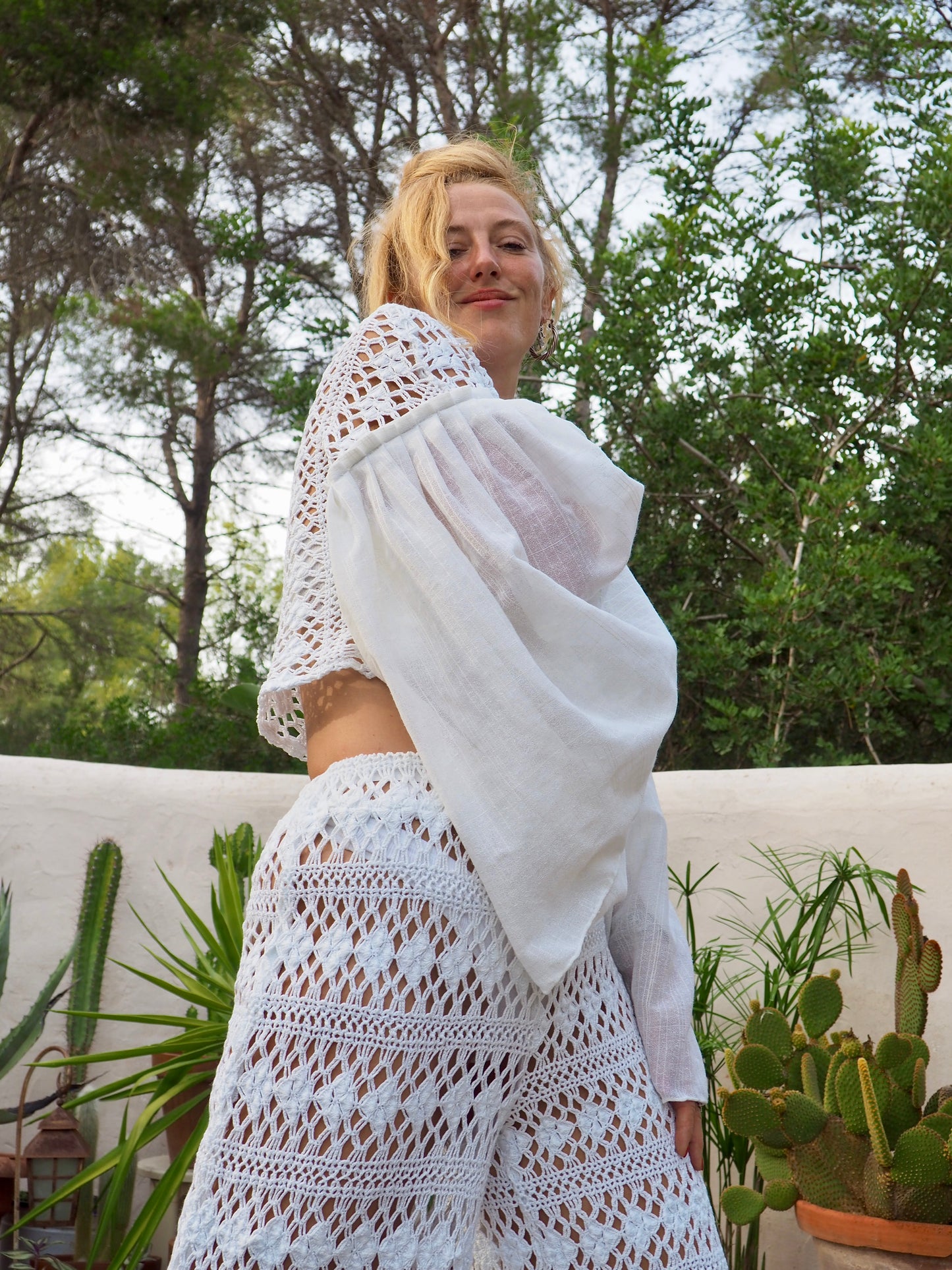 White crochet up-cycled 2 piece set wide leg pants with elastic waist and top up-cycled by Vagabond Ibiza from