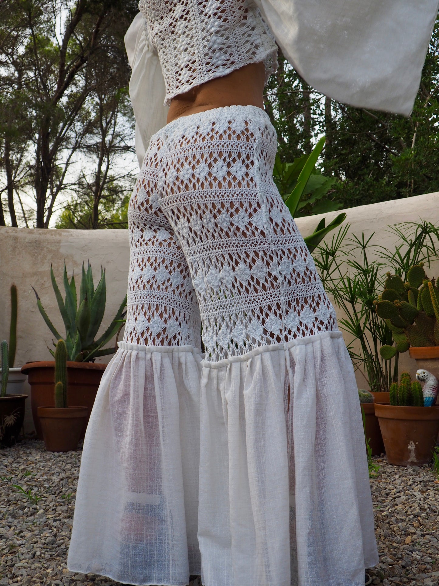 Vintage white handmade crochet wide leg flared bell bottom pants with elastic waist