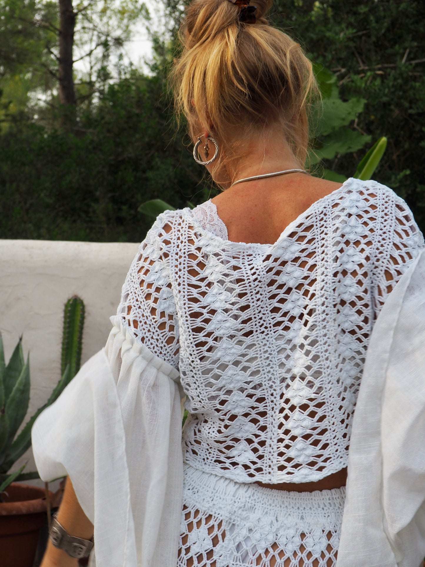 White crochet up-cycled 2 piece set wide leg pants with elastic waist and top up-cycled by Vagabond Ibiza from