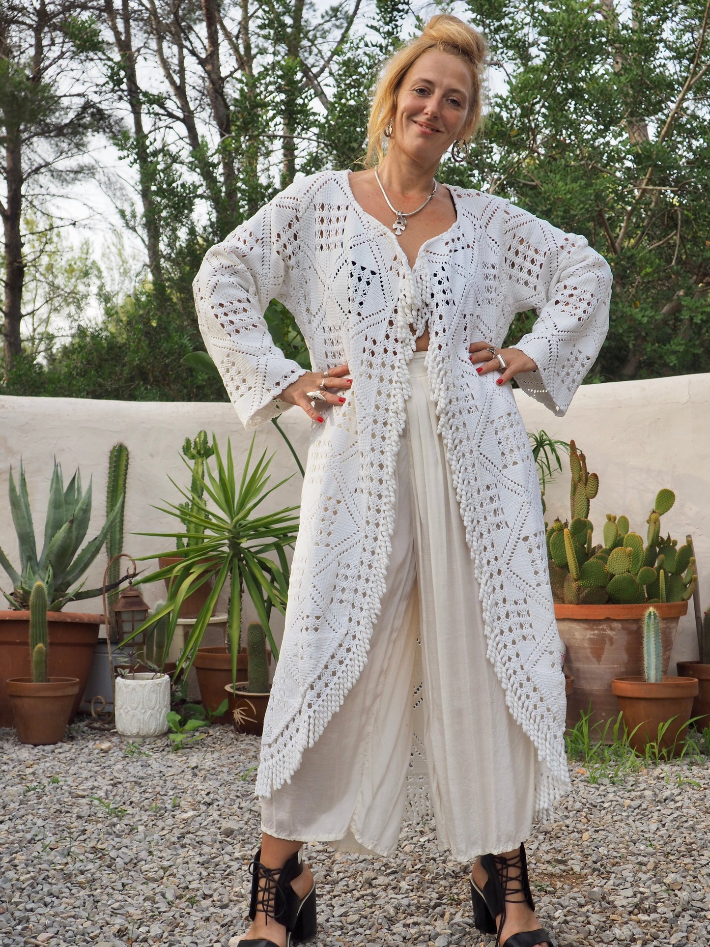 White vintage crochet long jackets up-cycled by Vagabond Ibiza
