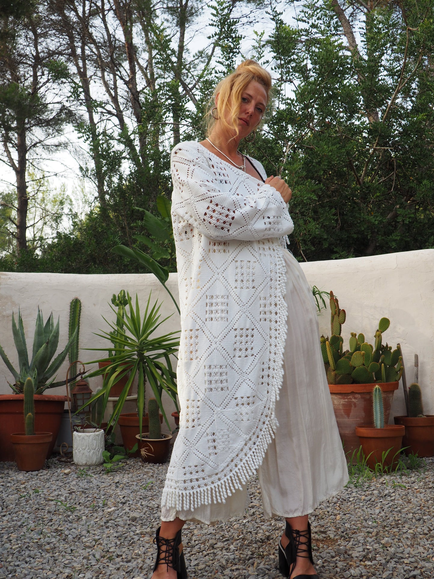 White vintage crochet long jackets up-cycled by Vagabond Ibiza