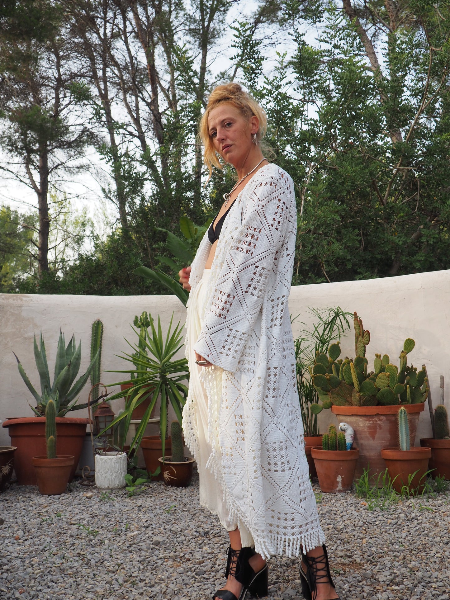 White vintage crochet long jackets up-cycled by Vagabond Ibiza