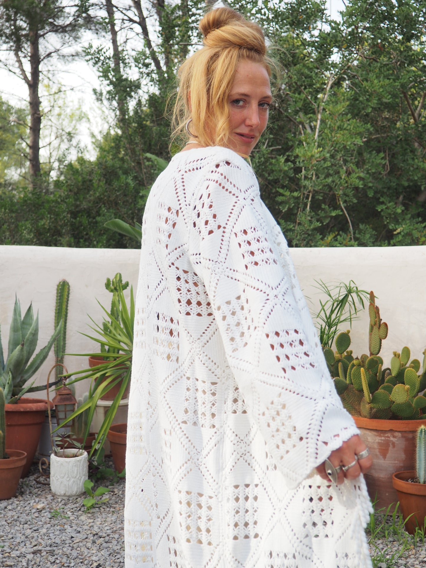 White vintage crochet long jackets up-cycled by Vagabond Ibiza