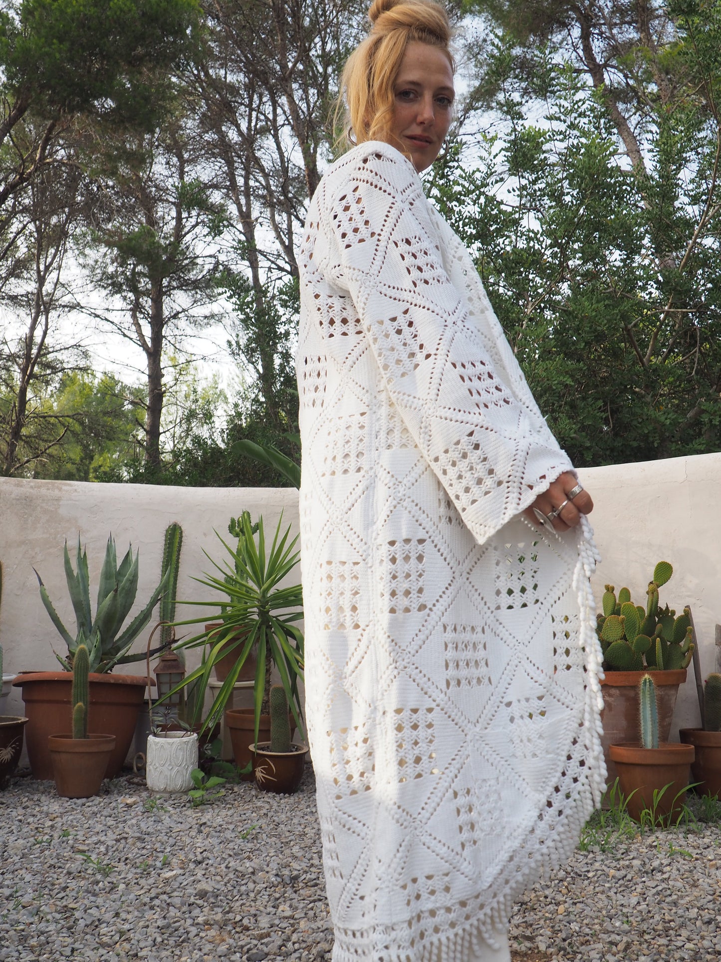 White vintage crochet long jackets up-cycled by Vagabond Ibiza