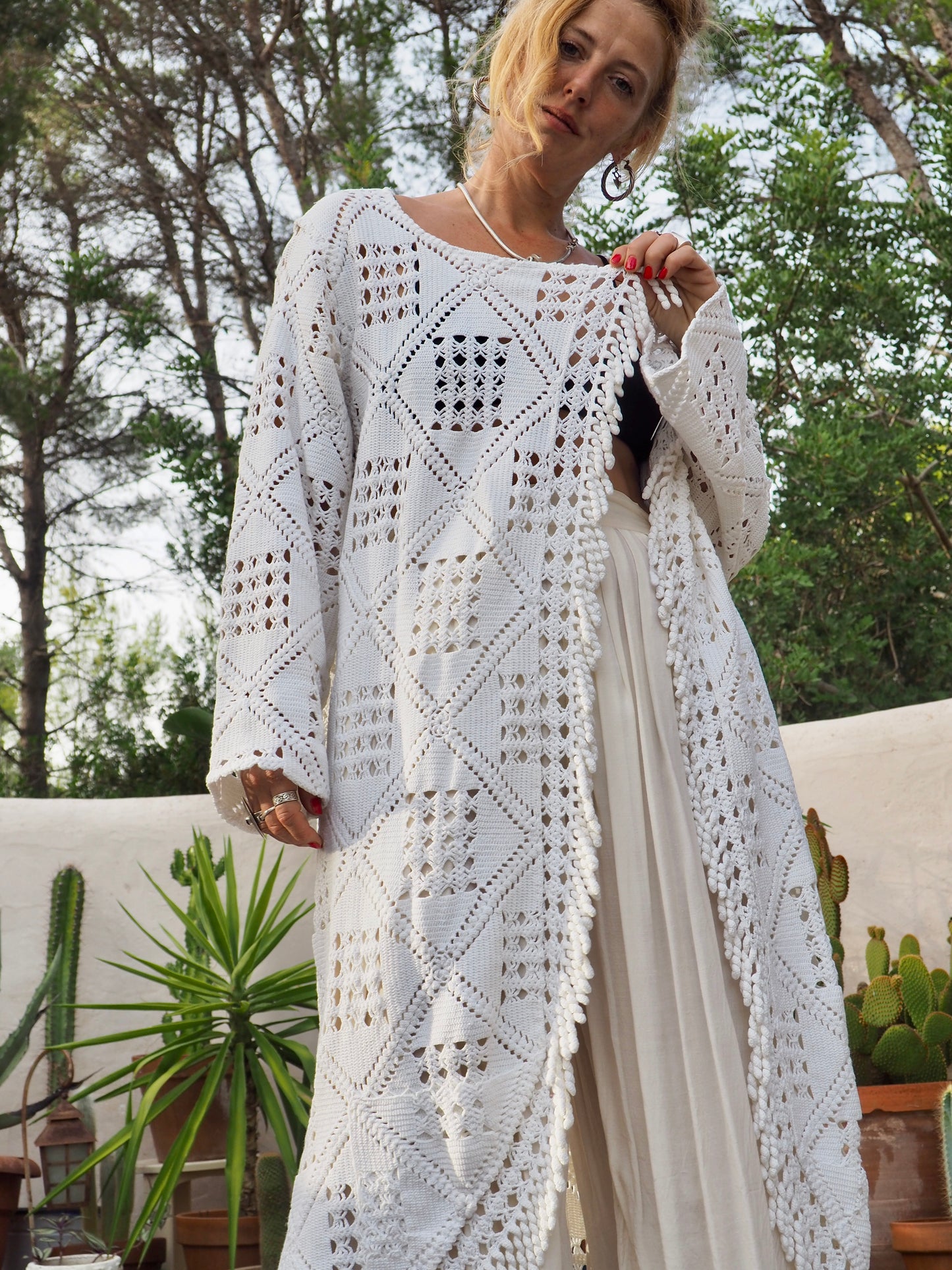 White vintage crochet long jackets up-cycled by Vagabond Ibiza