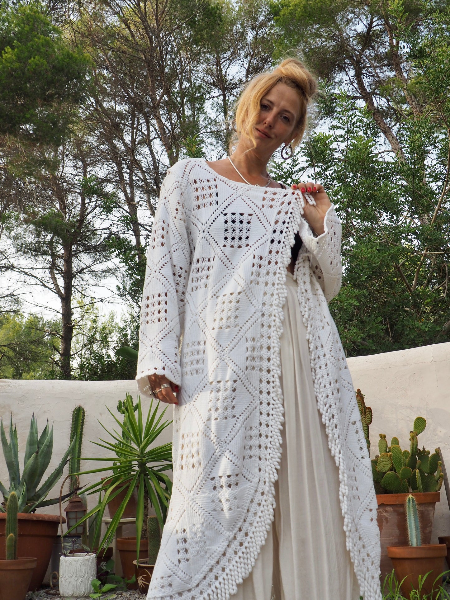 White vintage crochet long jackets up-cycled by Vagabond Ibiza