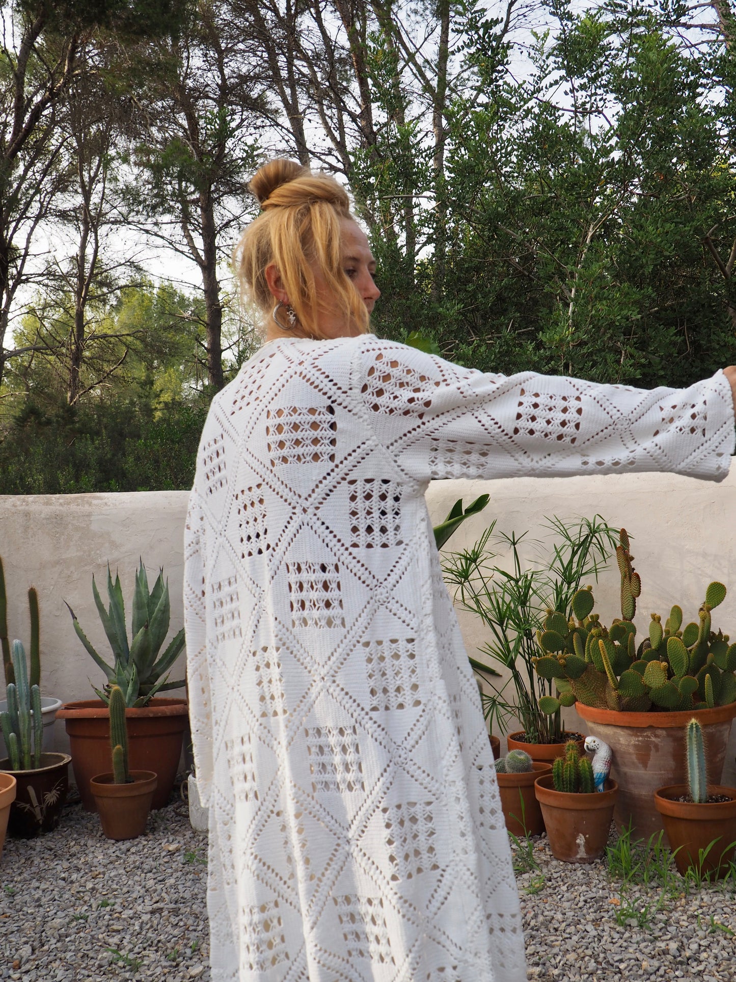 White vintage crochet long jackets up-cycled by Vagabond Ibiza