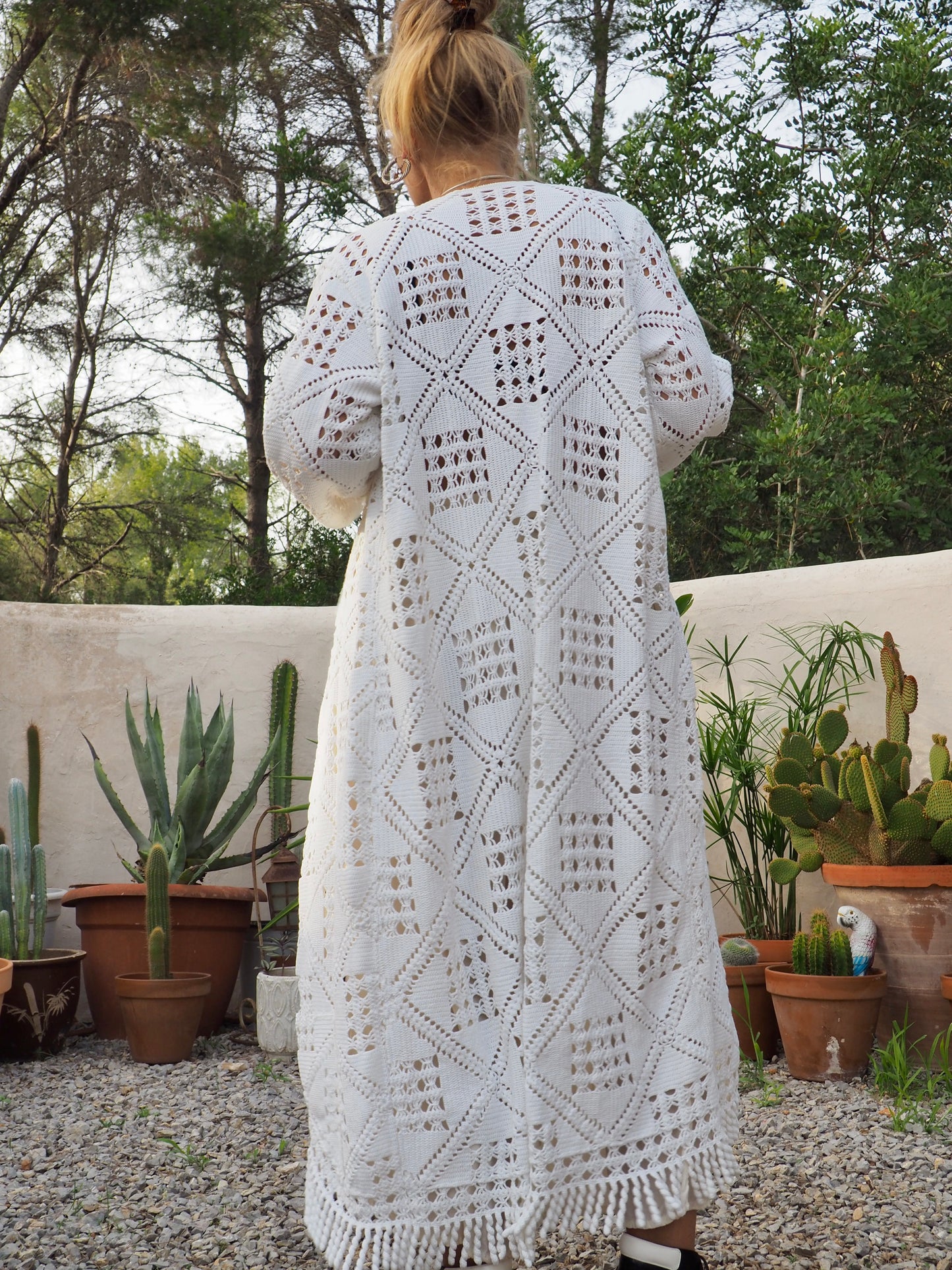 White vintage crochet long jackets up-cycled by Vagabond Ibiza