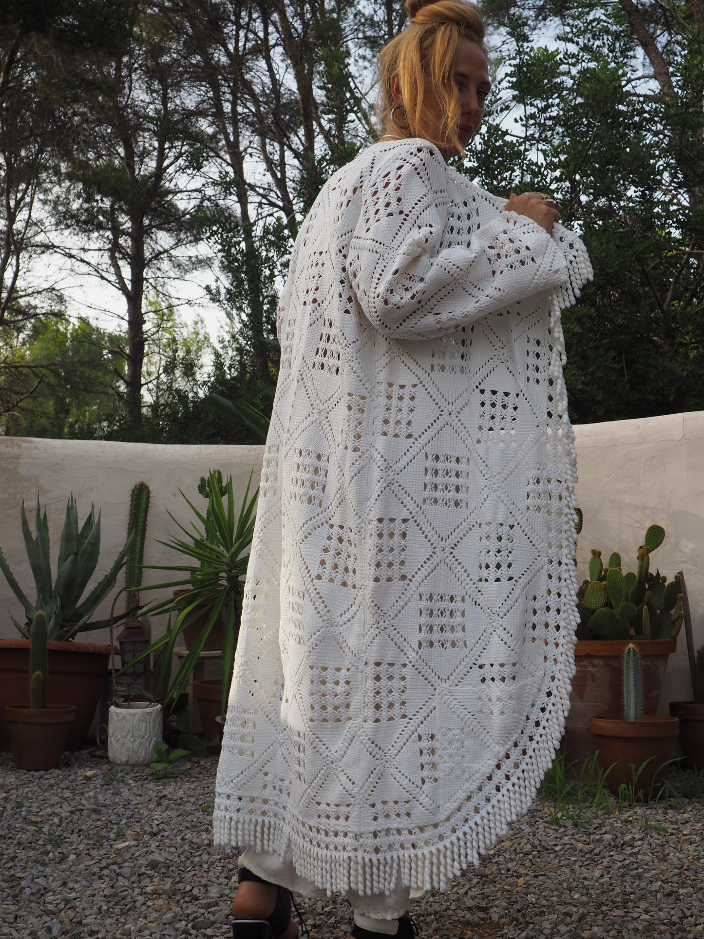 White vintage crochet long jackets up-cycled by Vagabond Ibiza