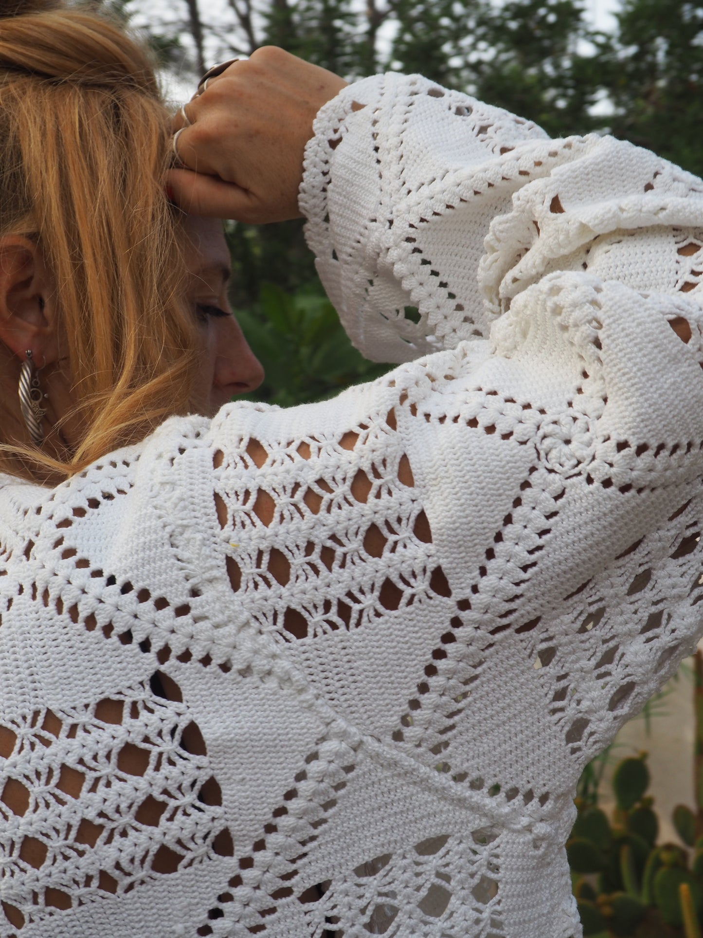 White vintage crochet long jackets up-cycled by Vagabond Ibiza
