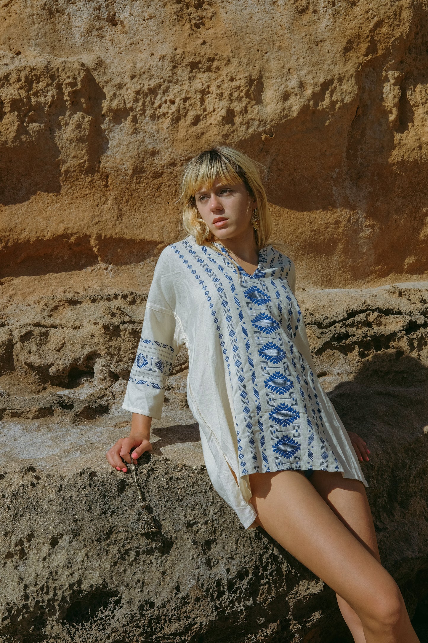 Vintage cotton shirt with geometric blue embroidery