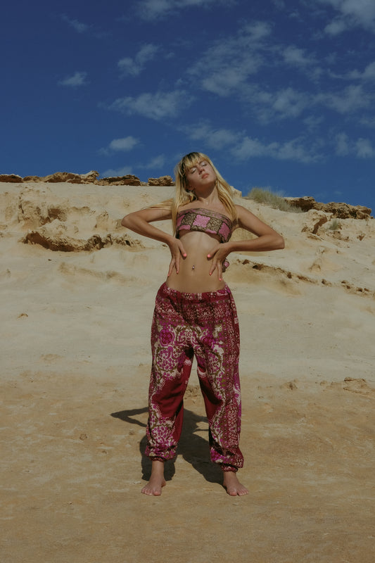 Vintage cotton Indonesian printed pants in cute pink tones