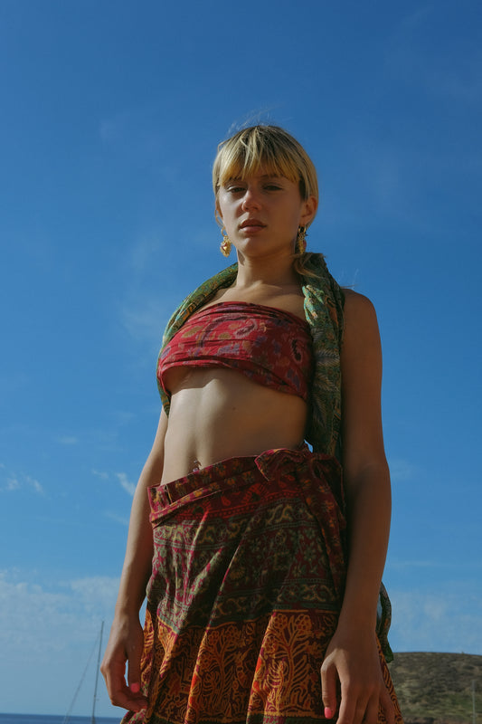 Vintage Indian cotton block printed long wrap skirt in reds and orange tones