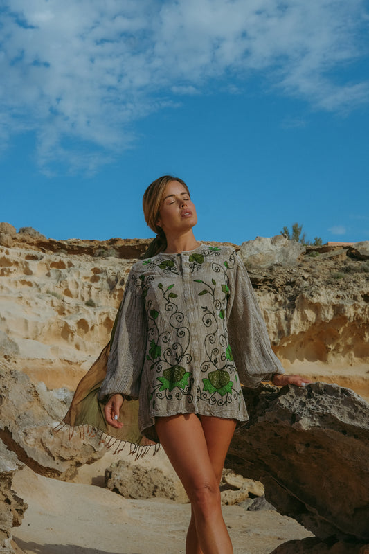 Vintage 1970's cotton embroiderd short dress top with big puffy sleeve detail