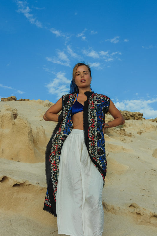 Vintage woven textiles up cycled waistcoat made by Vagabond Ibiza with fun pattern in blue red and white design