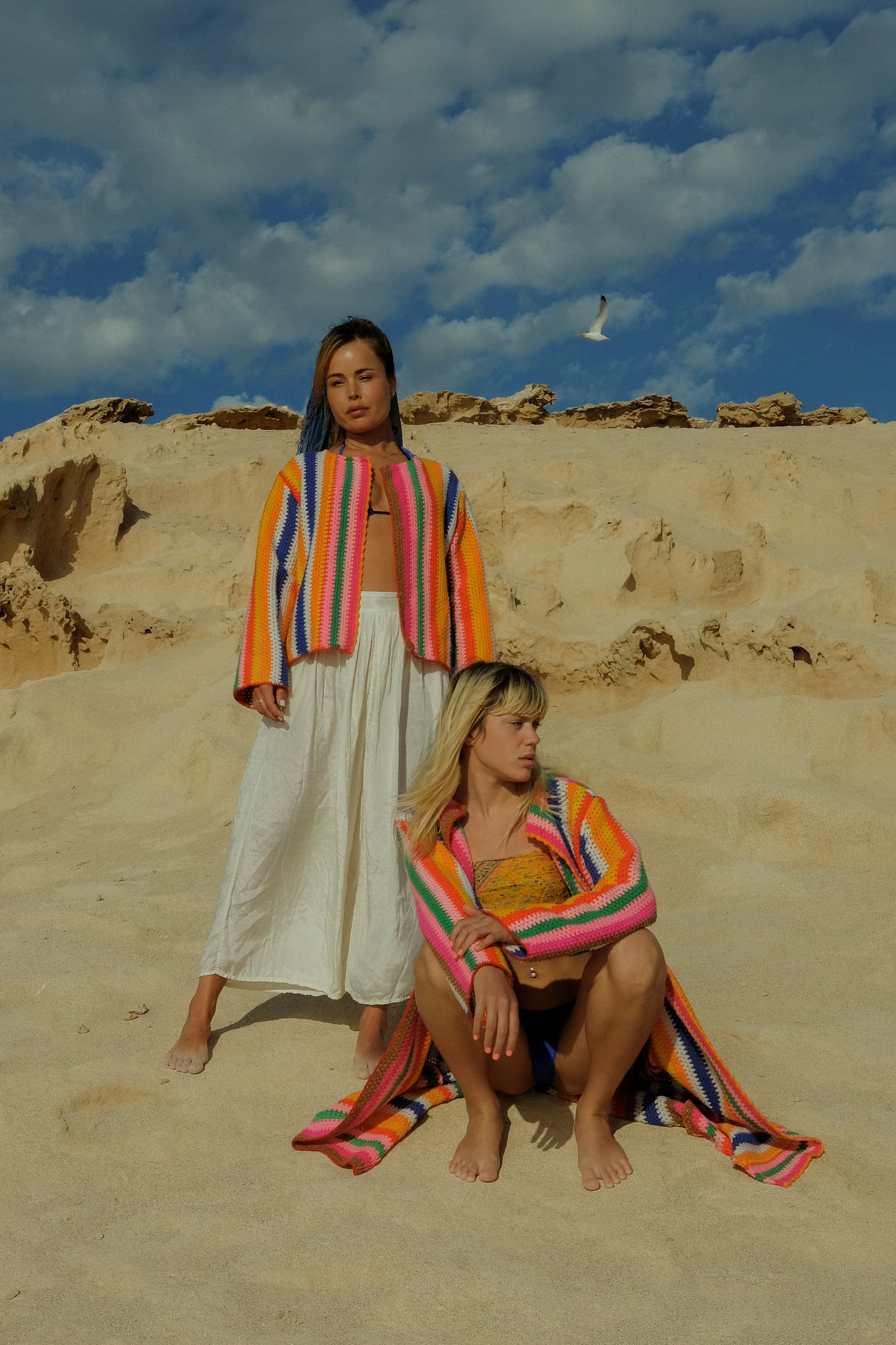 Vintage rainbow striped crochet cropped up-cycled jacket made by Vagabond Ibiza