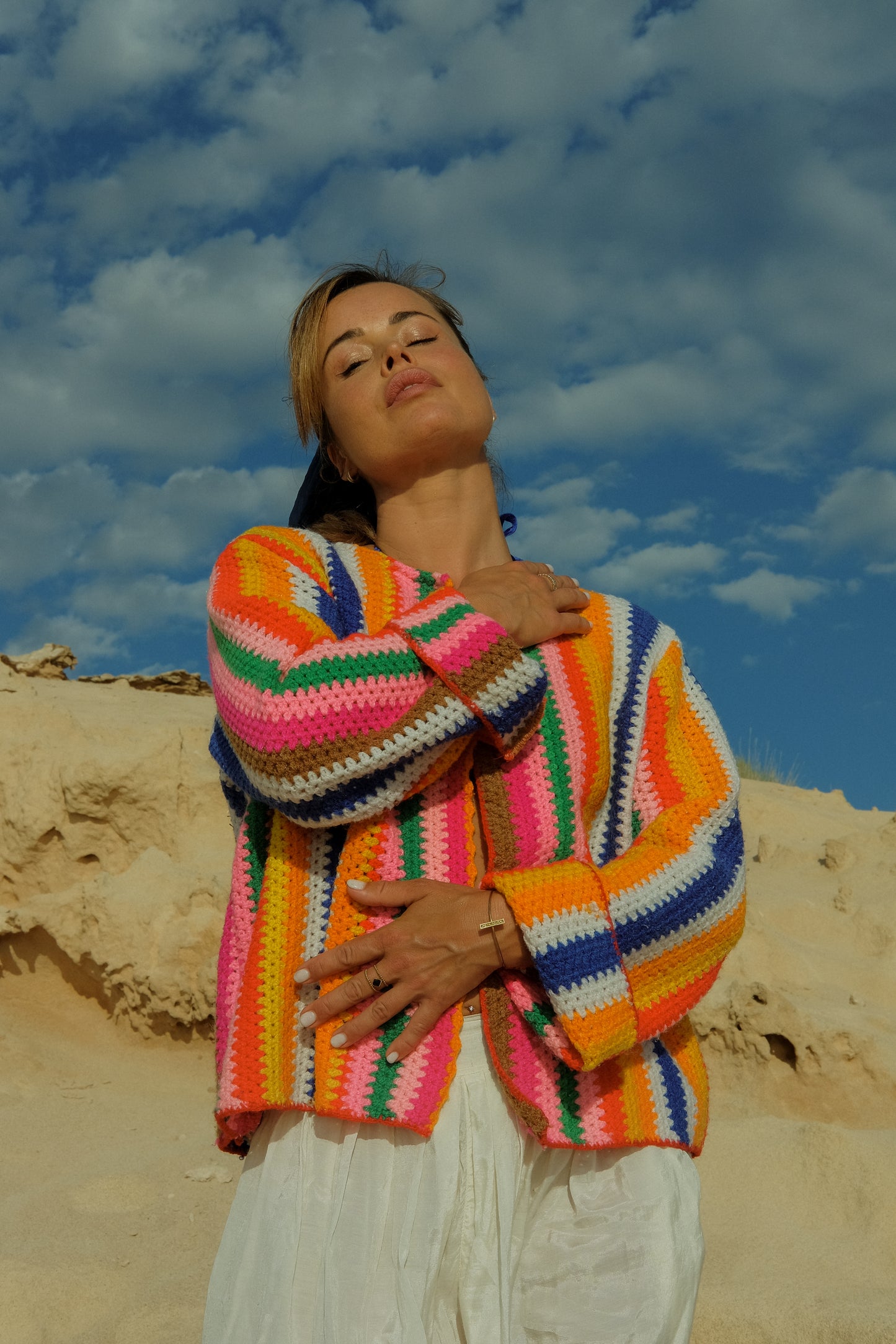 Vintage rainbow striped crochet cropped up-cycled jacket made by Vagabond Ibiza