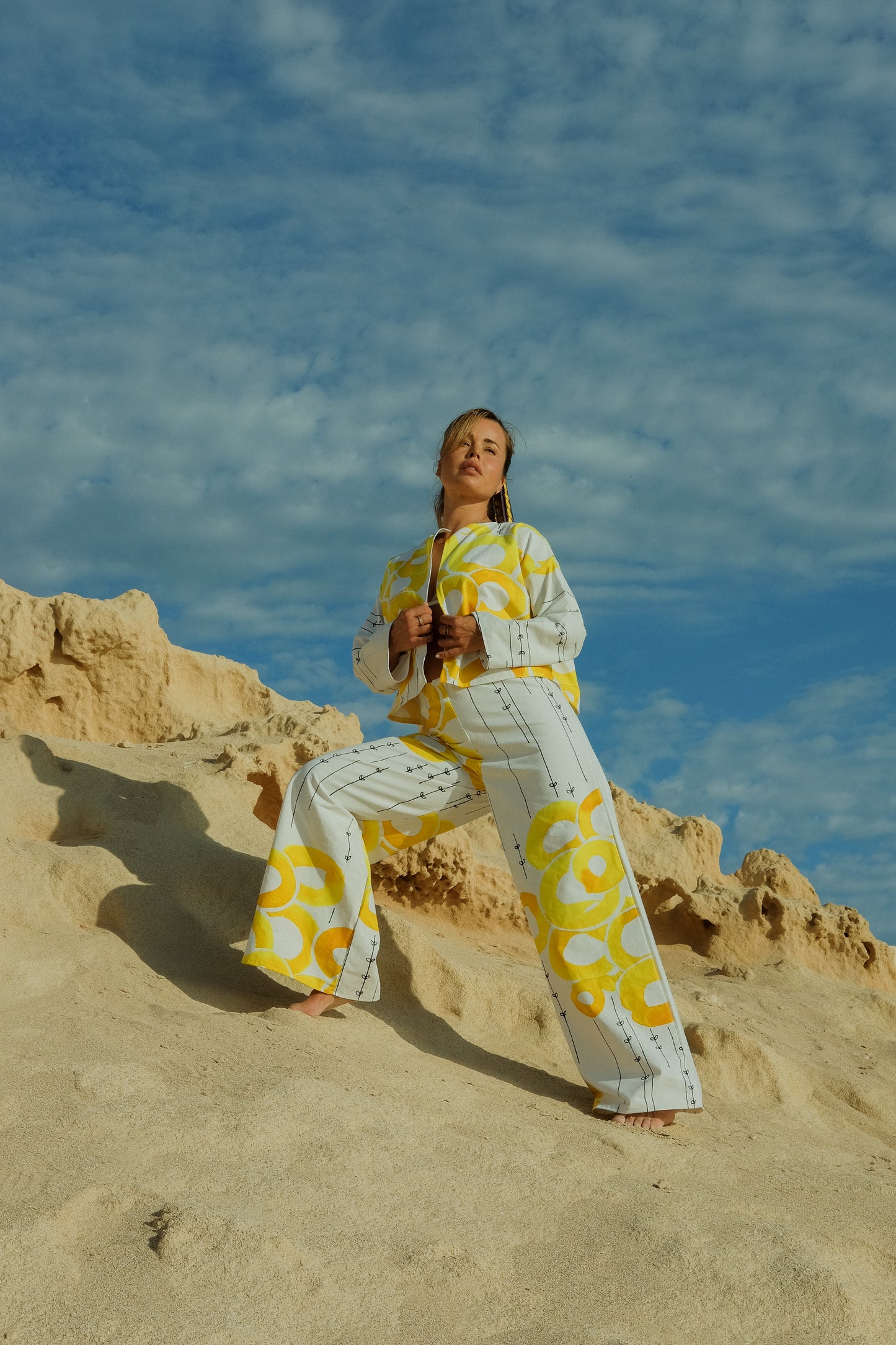 Vintage cotton textiles 2 piece set wide leg pants and cropped jacket set with abstract sun print design