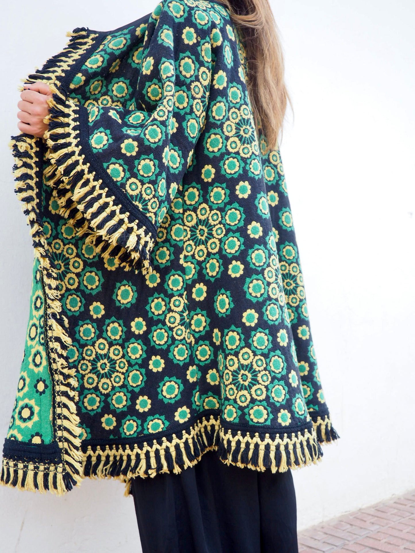 Stunning vintage 1970’s black and green tapestry jacket cut on the bias with bell sleeves made by Vagabond Ibiza