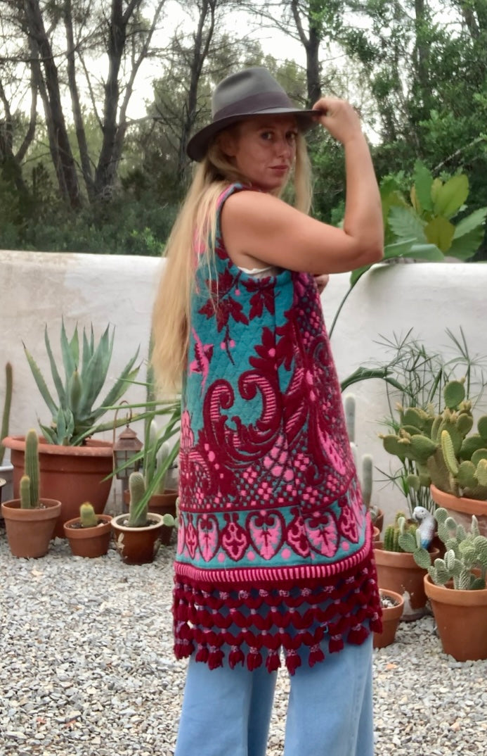 Amazing hand woven English textiles Up-cycled waistcoat jacket made by Vagabond Ibiza with bright pink and blue design and oversized tassels