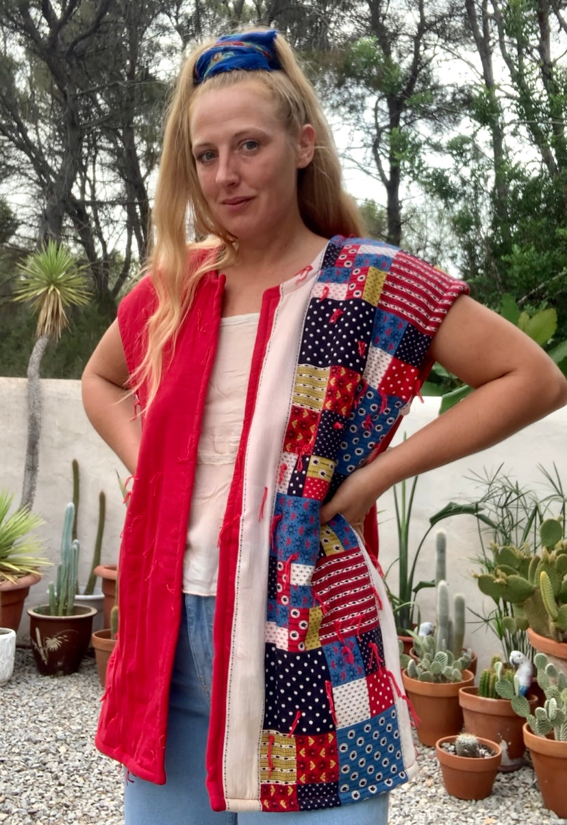Patchwork cotton quilted blanket waistcoat jacket up-cycled by Vagabond Ibiza with red and blue design
