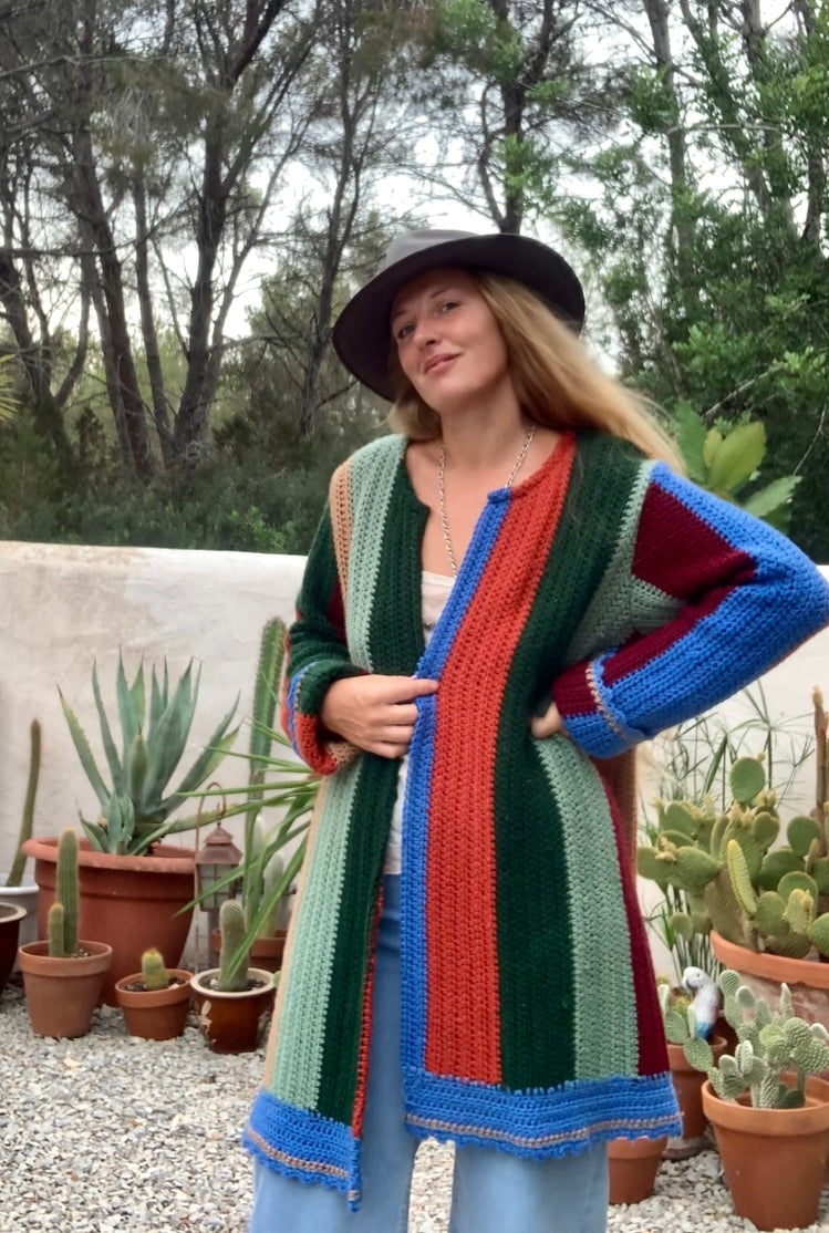 Hand made cotton and wool crochet blanket  jacket Up-cycled by Vagabond Ibiza with earthy brown green and blue striped design.