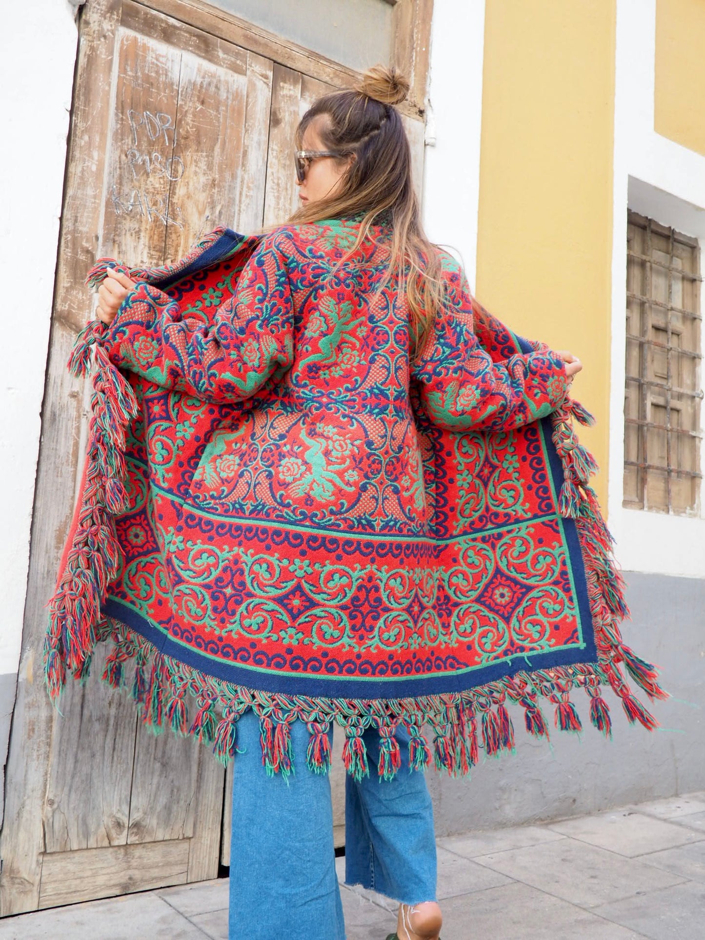 Amazing one off a kind woven tapestry jacket with oversize tassels trimming up-cycled jacket made by Vagabond Ibiza