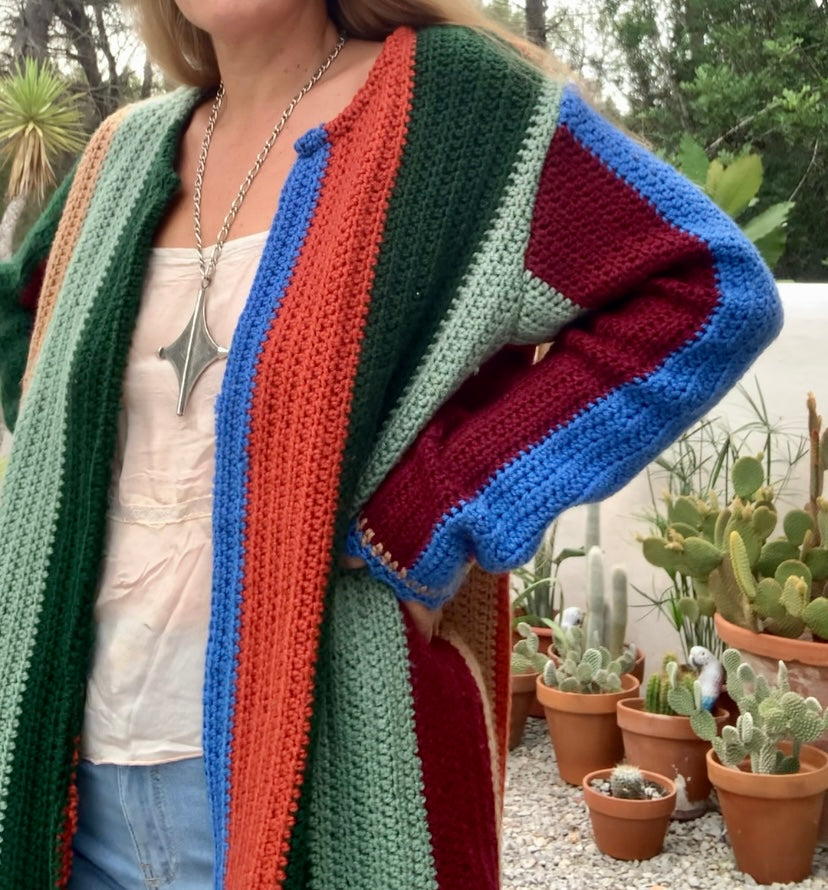 Hand made cotton and wool crochet blanket  jacket Up-cycled by Vagabond Ibiza with earthy brown green and blue striped design.