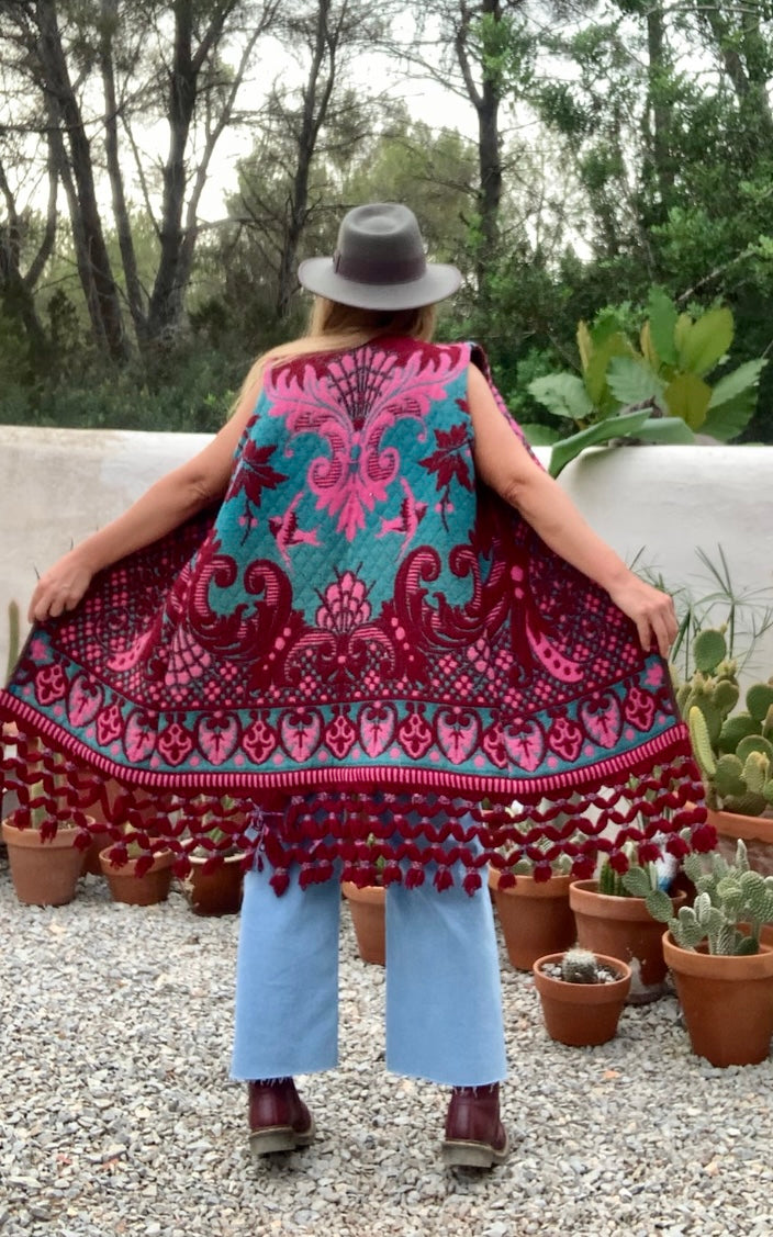 Amazing hand woven English textiles Up-cycled waistcoat jacket made by Vagabond Ibiza with bright pink and blue design and oversized tassels
