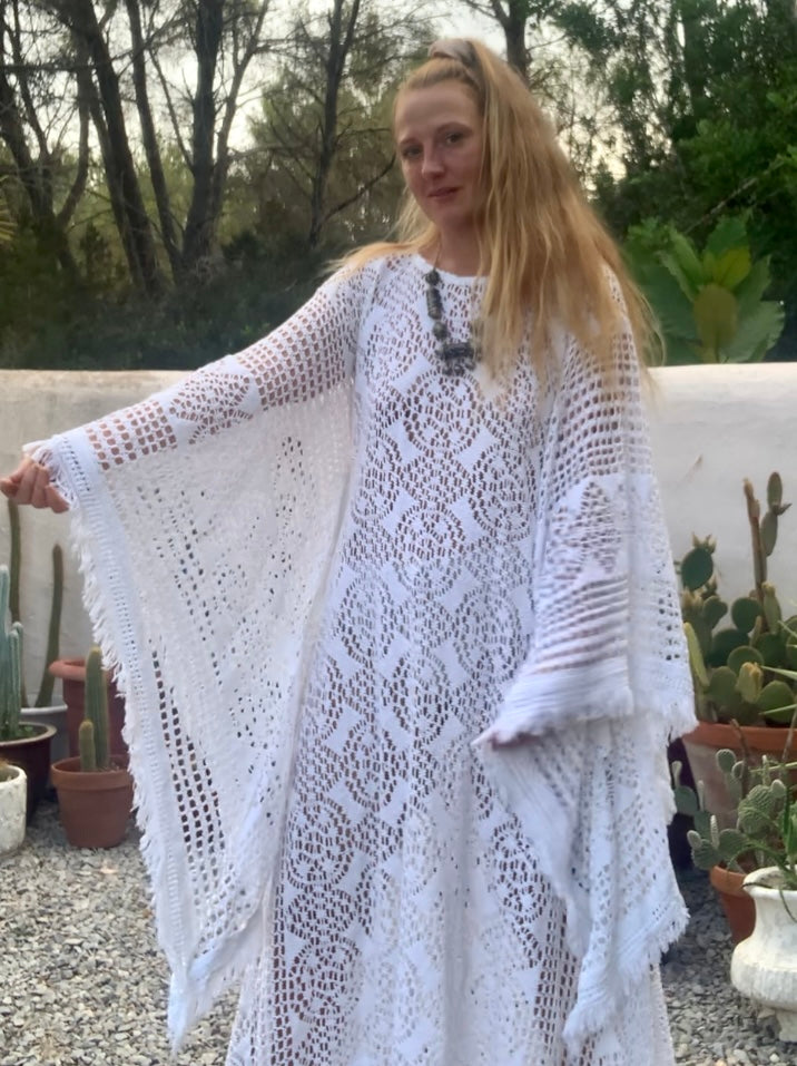 vintage white crochet long maxi dress with wide bell sleeves up-cycled by Vagabond Ibiza