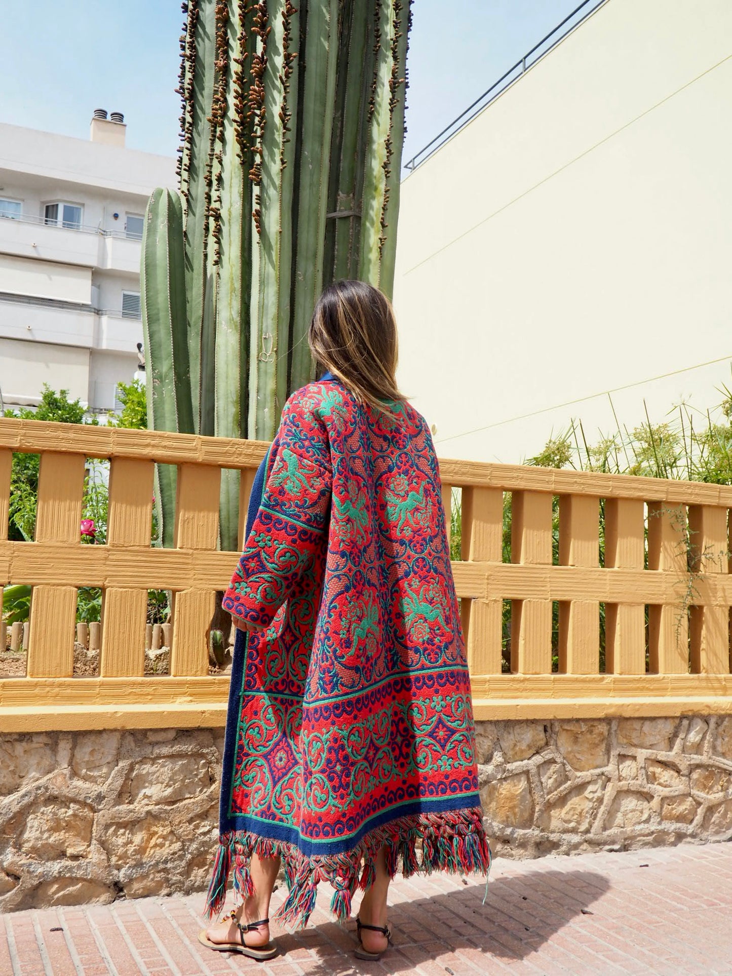 Amazing one off a kind woven tapestry jacket with oversize tassels trimming up-cycled jacket made by Vagabond Ibiza