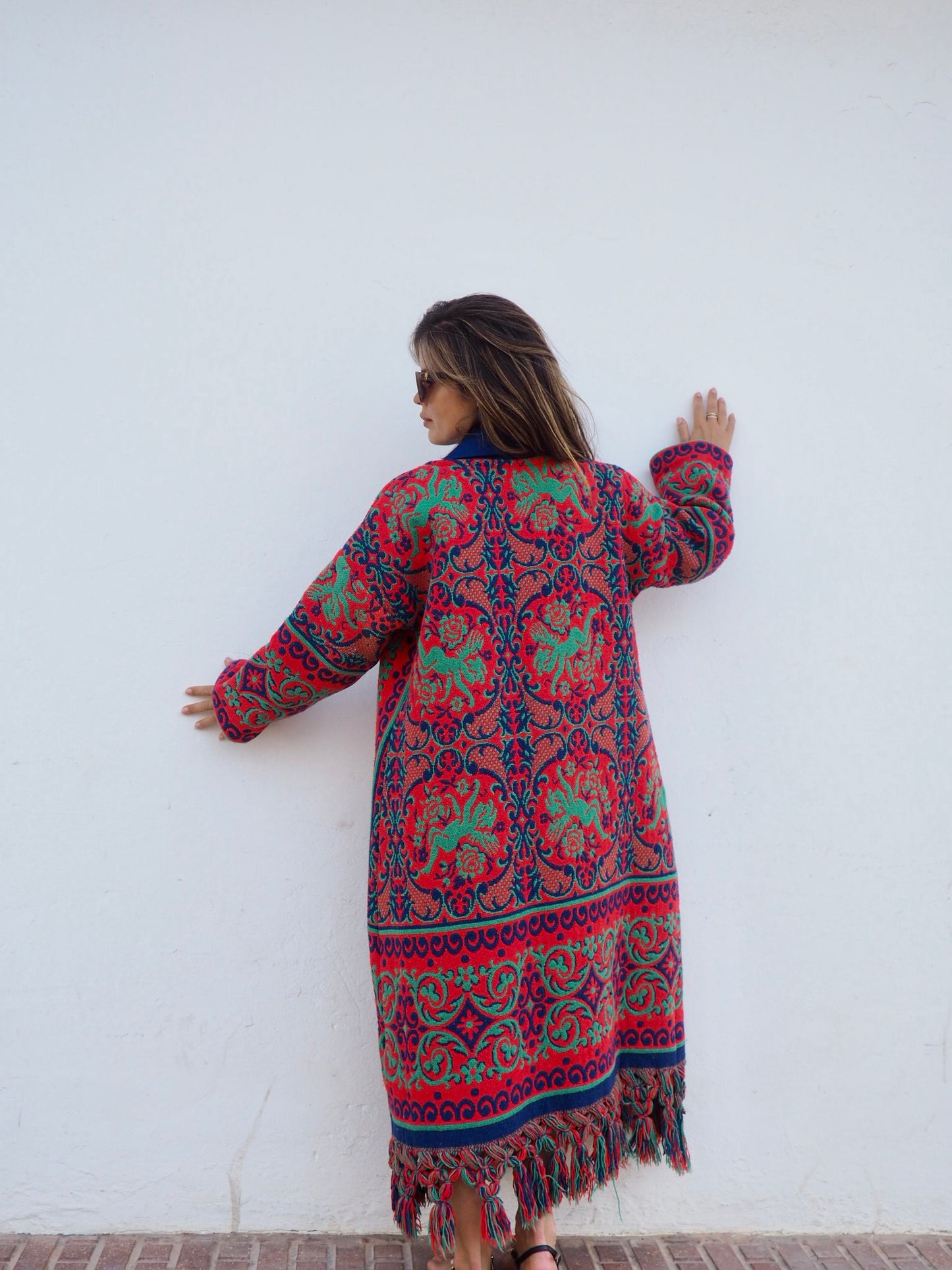 Amazing one off a kind woven tapestry jacket with oversize tassels trimming up-cycled jacket made by Vagabond Ibiza