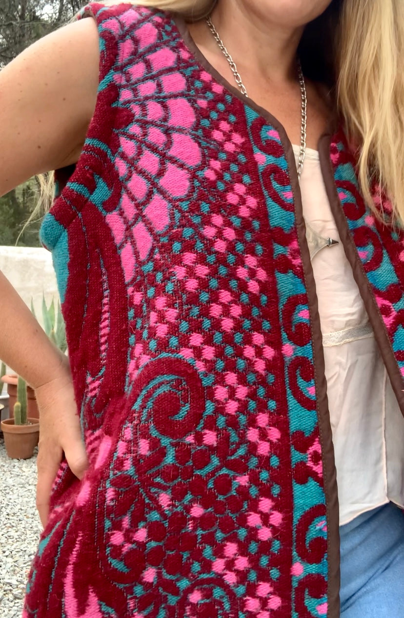 Amazing hand woven English textiles Up-cycled waistcoat jacket made by Vagabond Ibiza with bright pink and blue design and oversized tassels