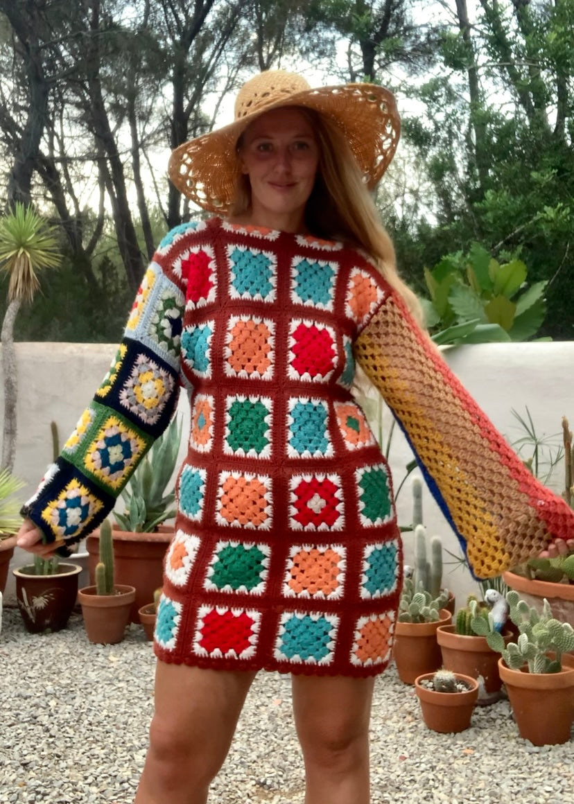 Vintage wool granny squared rainbow long sleeve shirt crochet jumper dress up-cycled by Vagabond Ibiza