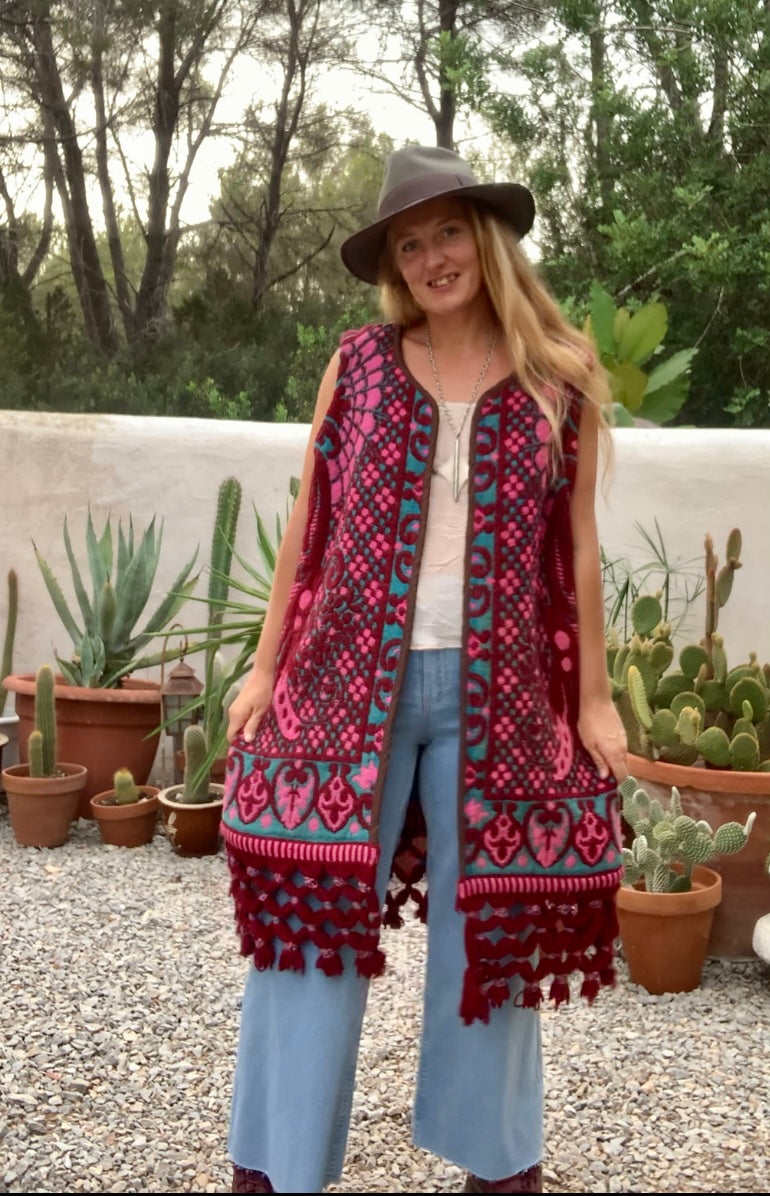Amazing hand woven English textiles Up-cycled waistcoat jacket made by Vagabond Ibiza with bright pink and blue design and oversized tassels