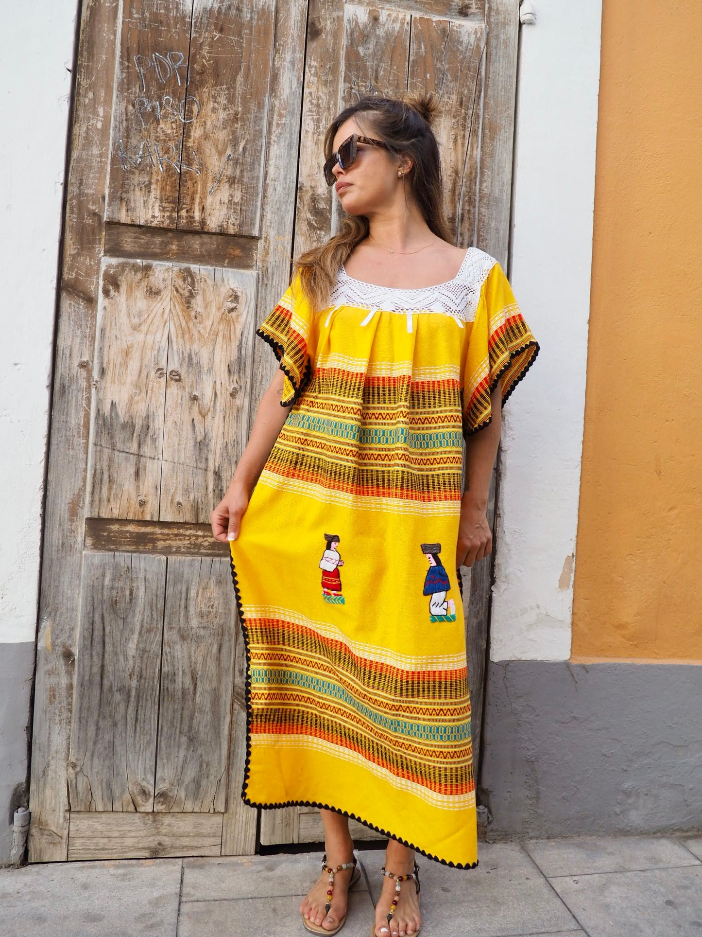 Vintage Mexican yellow woven Kaftan dress with embroidery details