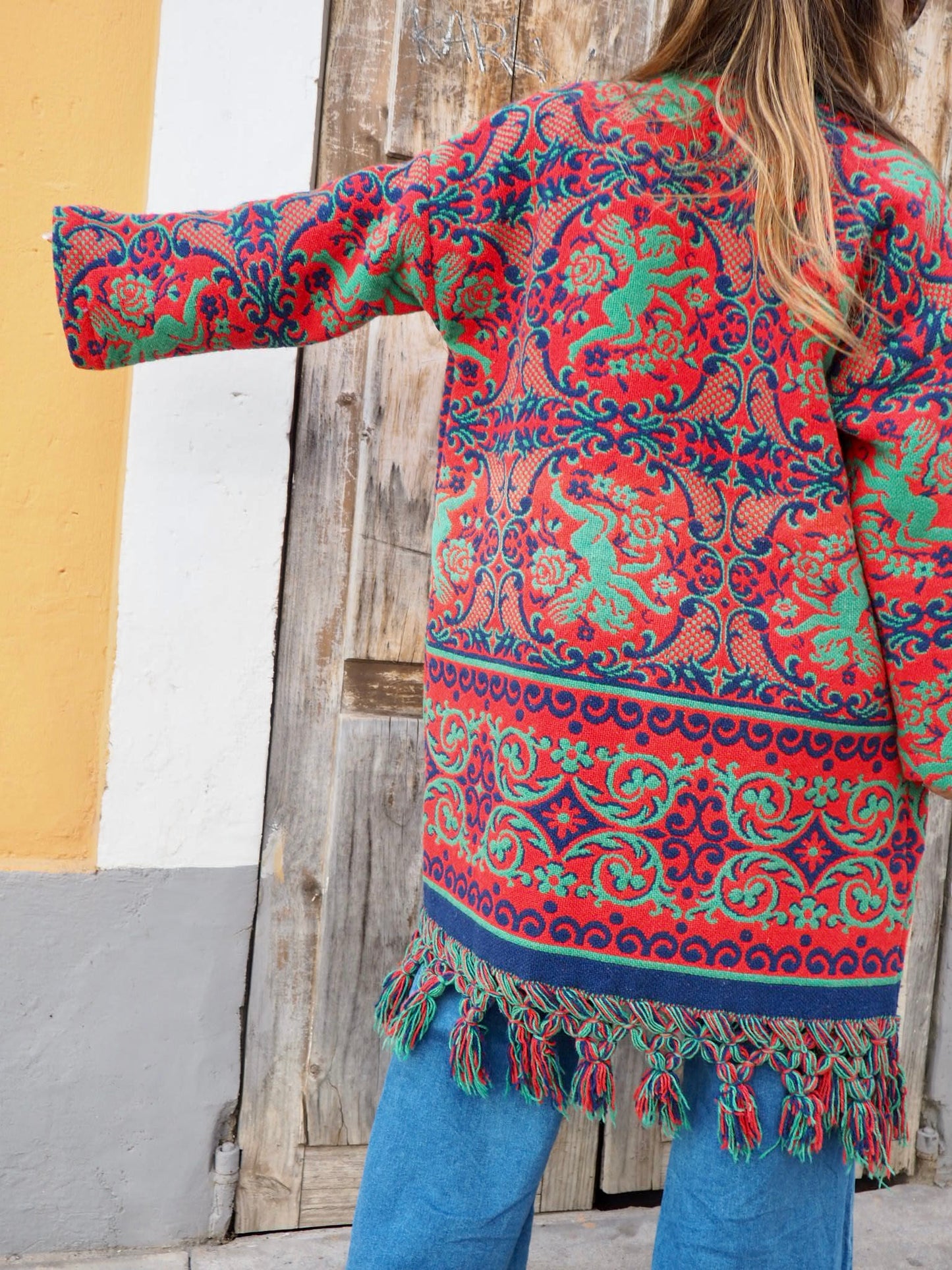 Amazing one off a kind woven tapestry jacket with oversize tassels trimming up-cycled jacket made by Vagabond Ibiza