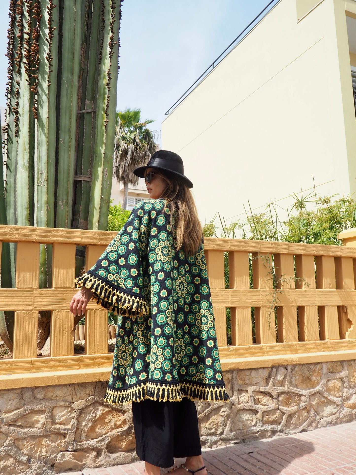 Stunning vintage 1970’s black and green tapestry jacket cut on the bias with bell sleeves made by Vagabond Ibiza