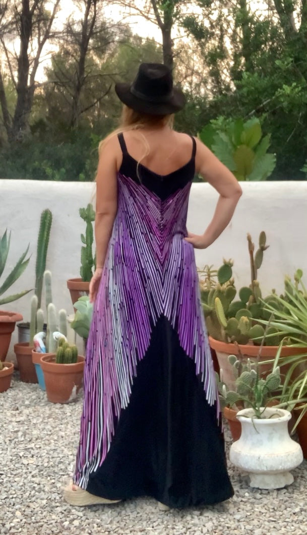 Original vintage 1970’s black and purple striped geometric design maxi dress