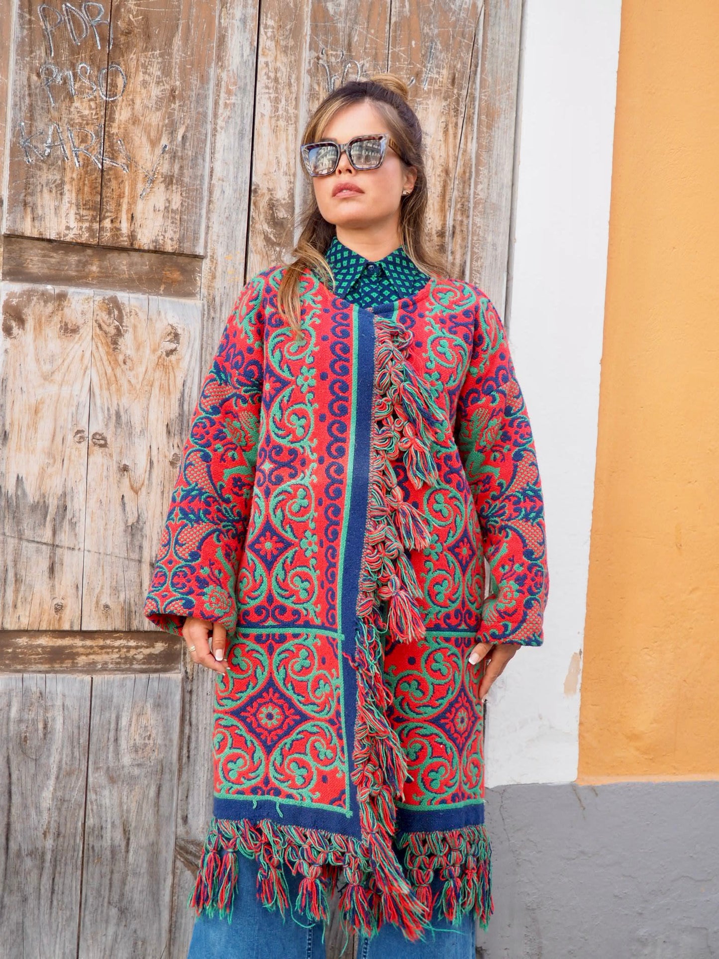 Amazing one off a kind woven tapestry jacket with oversize tassels trimming up-cycled jacket made by Vagabond Ibiza
