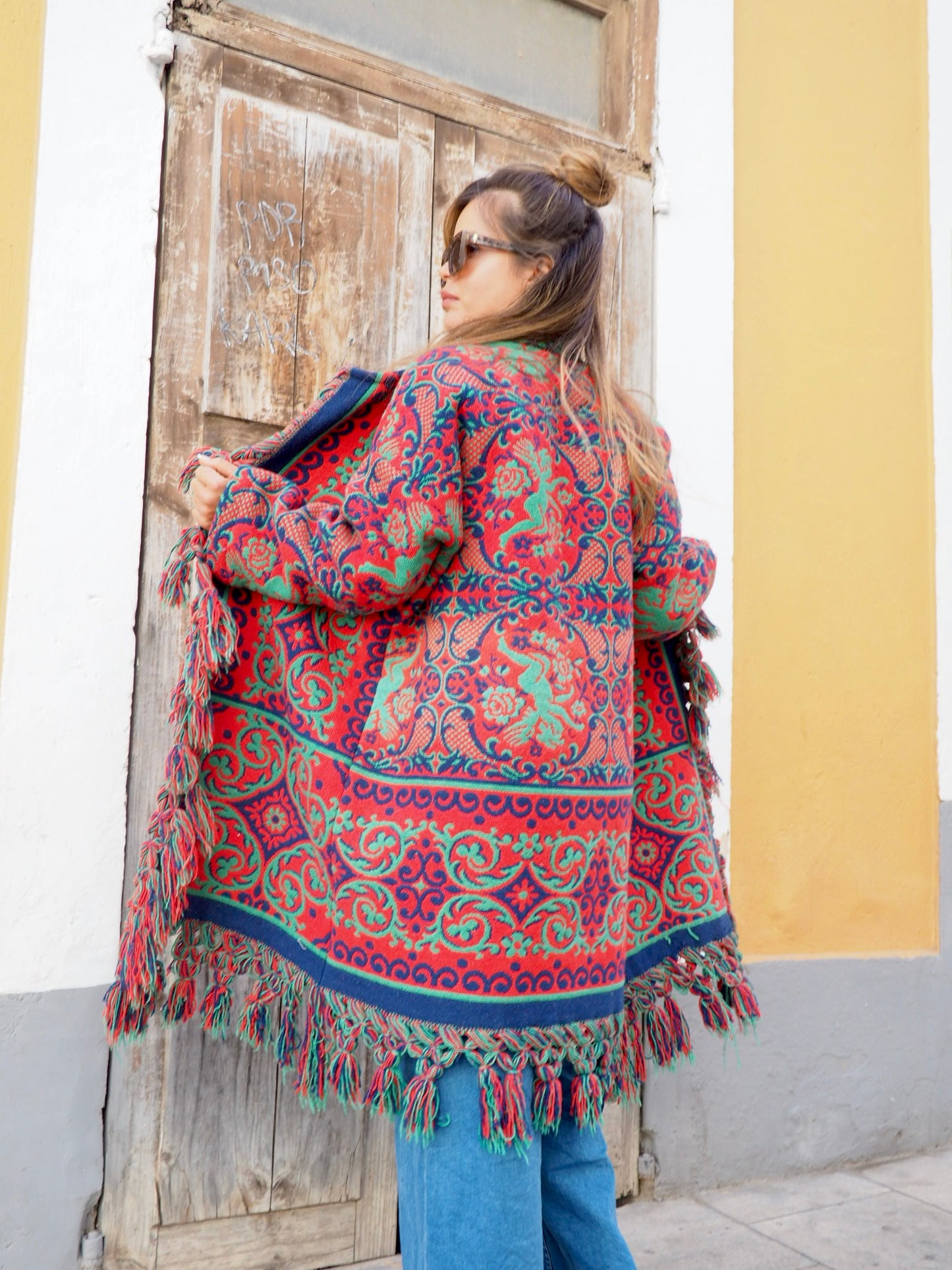 Amazing one off a kind woven tapestry jacket with oversize tassels trimming up-cycled jacket made by Vagabond Ibiza
