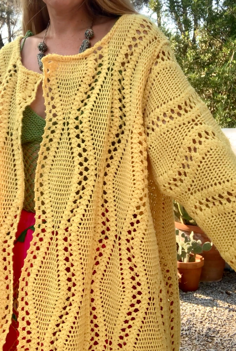 Vintage bright yellow handmade crochet blanket jacket up-cycled by Vagabond Ibiza.