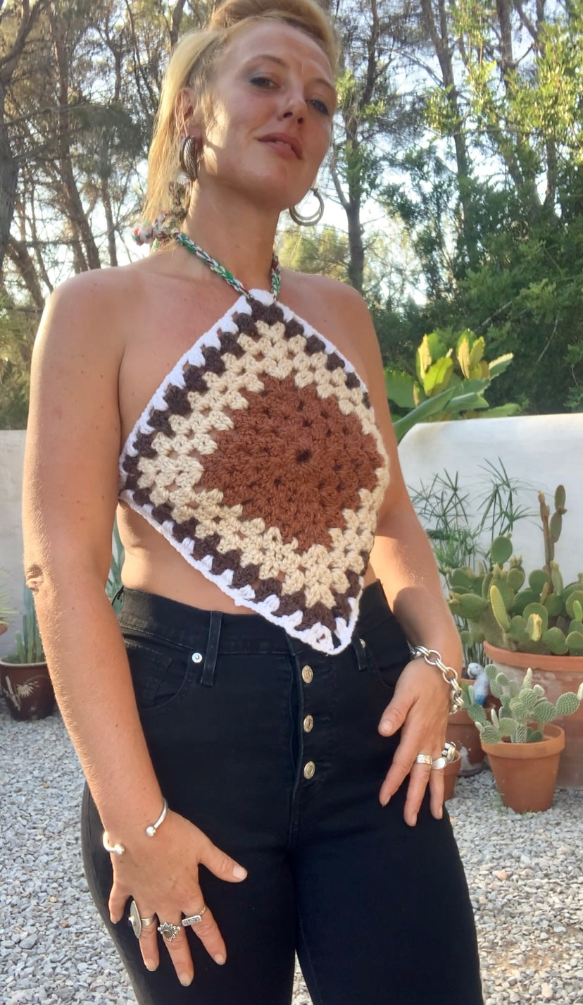 Vintage wool oversized granny square wool tie tops perfect for festivals party and summer time wear over a white shirt in winter