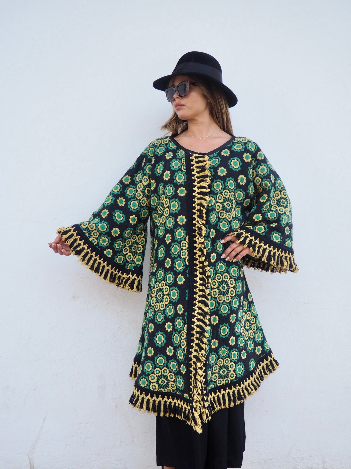 Stunning vintage 1970’s black and green tapestry jacket cut on the bias with bell sleeves made by Vagabond Ibiza